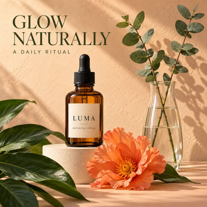 LUMA serum bottle, glass vase, leaves and orange flower on a peach backdrop